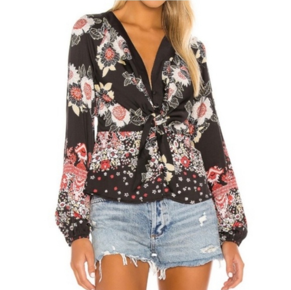 NEW Free People Run Free Black Floral Blouse Front Tie, Sz M